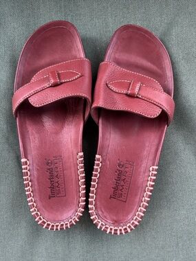 Timberland Women's Burgundy Leather Slide Sandals with Stitched Trim